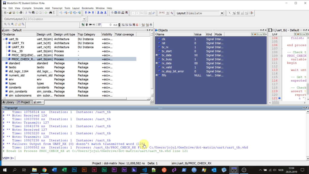 Testbench running in the ModelSim console
