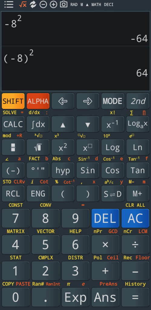 Scientific calculator showing -8^2 = -64 and (-8)^2 = 64